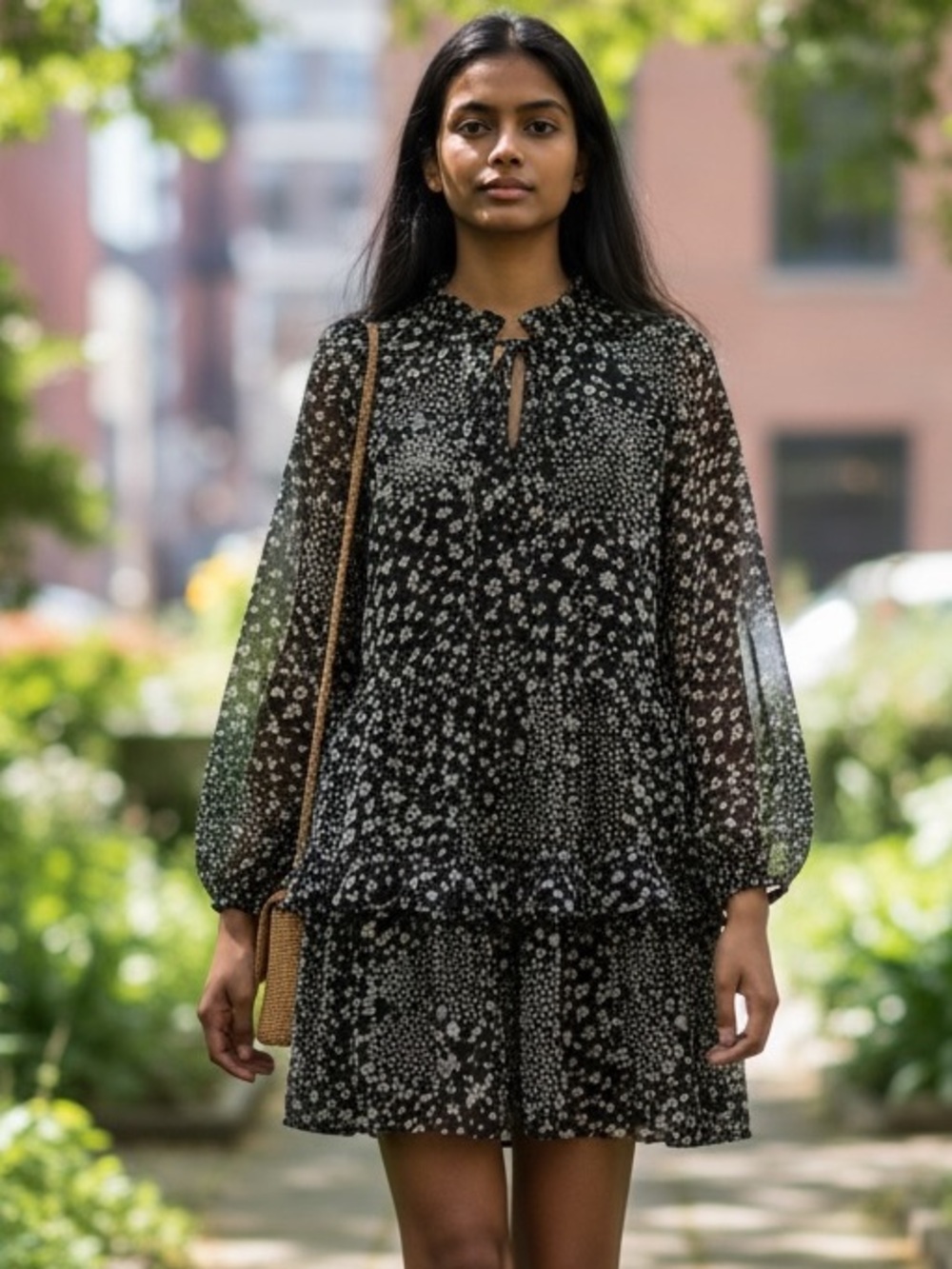 This That Women’s Floral Black Long-Sleeve Tiered Baby Doll Dress